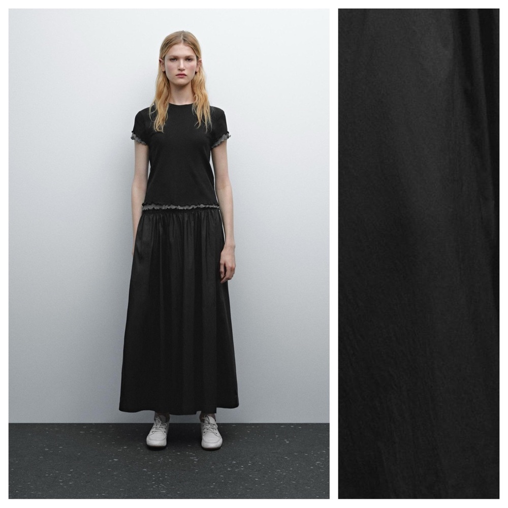 NWT. Massimo Dutti Black Technical Flared Midi Skirt. Size S.